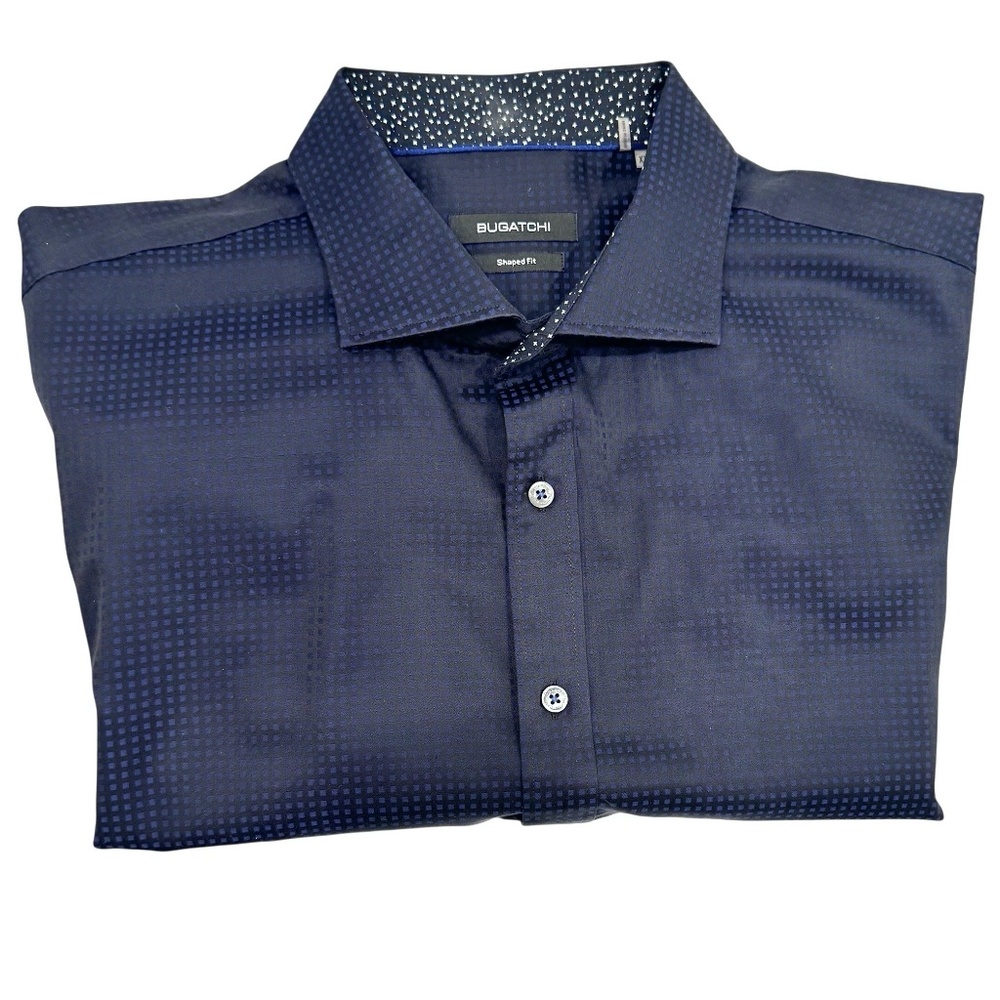 BUGATCHI SHAPED FIT BLACK W PURPLE SQUARE DOTS FLIP CUFFS COTTON BUTTON DOWN